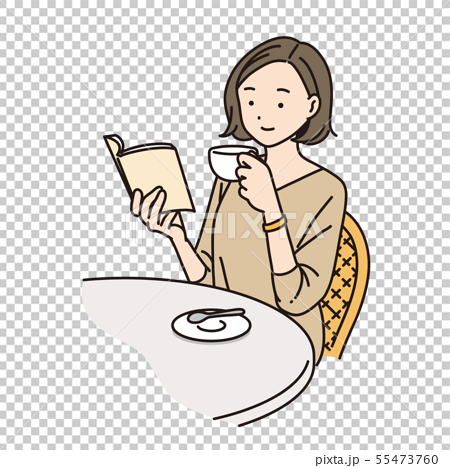 女性 カフェ 休み 読書のイラスト素材