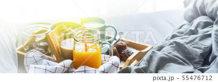 Morning breakfast Orange juice coffee milk muffin 55476712