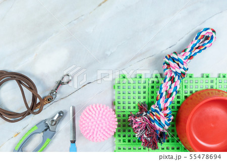 Pet bowl, leashes, and toy for dog.  Pet 55478694