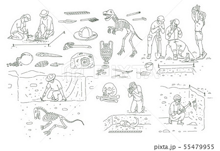 Set of archeology tools and people working on excavation outline sketch style Set of archeology tools and people working on excavation outline sketch style 55479955