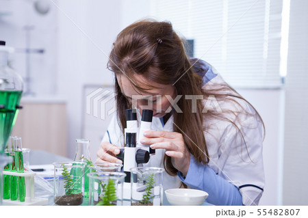 Middle age female scientist looking through a microscope in a research lab 55482807
