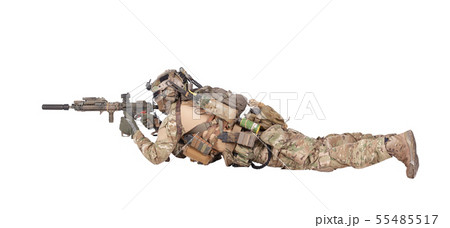 Soldier shooting from ground isolated studio shoot Soldier shooting from ground isolated studio shoot 55485517