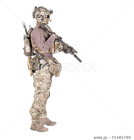 Airsoft player aiming service rifle studio shoot 55485799