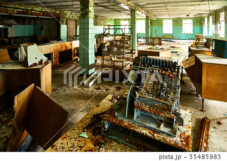 School canteen in the city of Pripyat in Ukraine. Emptiness. Dampness. Exclusion Zone. Nuclear 55485985