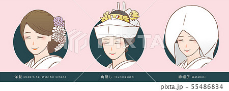 和装結婚式の花嫁の頭飾り 洋髪 角隠し 綿帽子 のイラスト素材