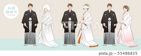神前結婚式を挙げる夫婦のベクターイラストセット 紋付羽織袴 白無垢 角隠し 綿帽子 洋髪 のイラスト素材