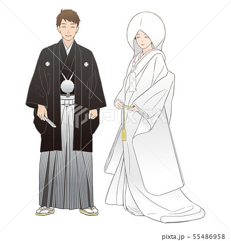 神前結婚式を挙げる夫婦 紋付羽織袴 白無垢 綿帽子 のイラスト素材