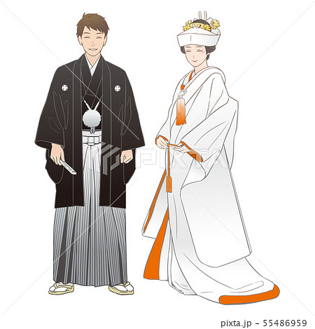 神前結婚式を挙げる夫婦 紋付羽織袴 白無垢 角隠し のイラスト