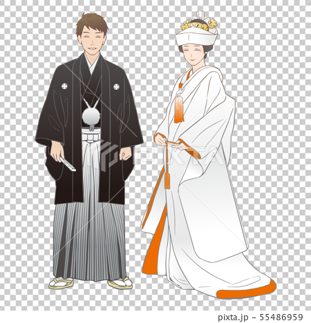 神前結婚式を挙げる夫婦 紋付羽織袴 白無垢 角隠し のイラスト素材