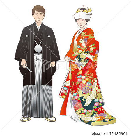 神前結婚式を挙げる夫婦 紋付羽織袴 色打掛 角隠し のイラスト素材