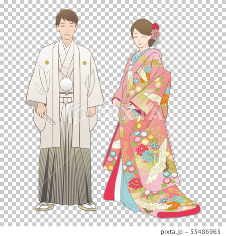 神前結婚式を挙げる夫婦。紋付羽織袴・色打掛（洋髪）。 55486963