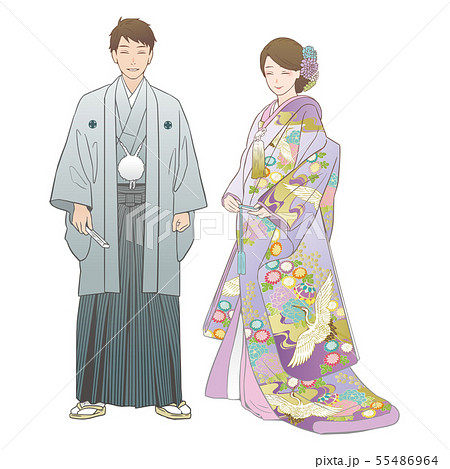 神前結婚式を挙げる夫婦 紋付羽織袴 色打掛 洋髪 のイラスト素材
