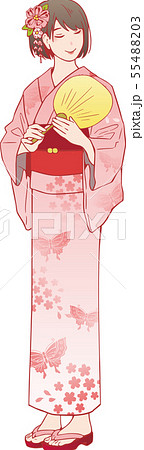 浴衣姿の女性 桜 蝶柄 のイラスト素材