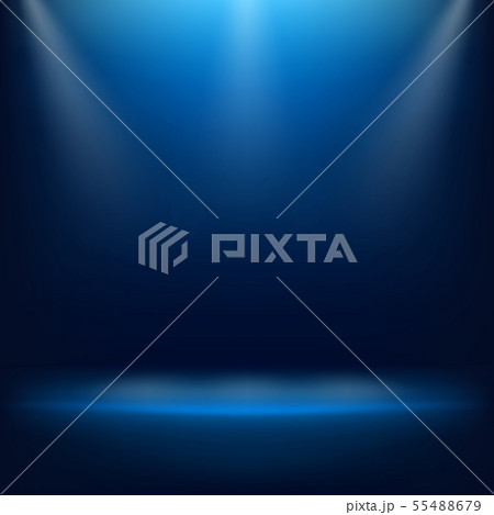 Smooth dark blue with black vignette empty studio room banner. Soft stadium arena lighting spotlight 55488679