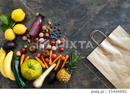 fresh fruits and vegetables on the stone table. zero waste concept fresh fruits and vegetables on the stone table. zero waste concept 55494692