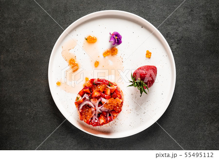 strawberry tartare with avocado and caviar strawberry tartare with avocado and caviar 55495112