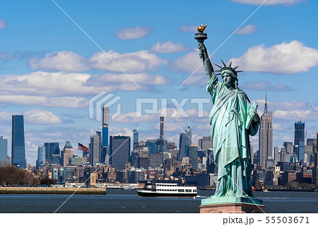 The Statue of Liberty over the Scene of New york cityscape river side which location is lower manhattan,Architecture and building with tourist concept 55503671