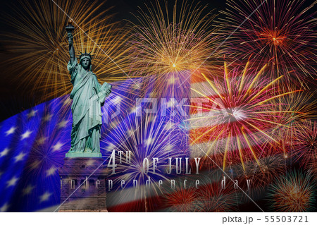 Statue of Liberty with Independence day 4th july text over the Multicolor Fireworks Celebrate with the United state of America USA flag background Statue of Liberty with Independence day 4th july text over the Multicolor Fireworks Celebrate with the United state of America USA flag background 55503721