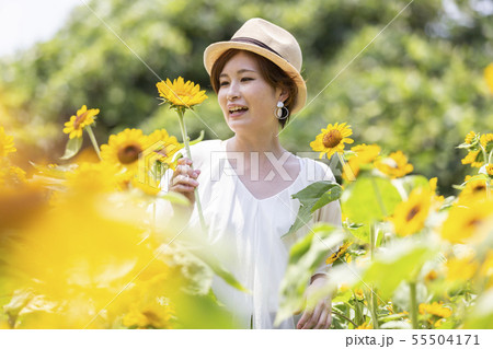 30代女性 ひまわり畑 30代女性 ひまわり畑 55504171