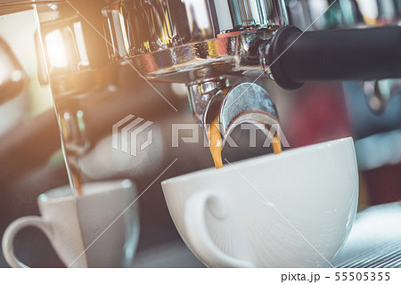 Hand of barista holding coffee tamper and making coffee preparation 55505355