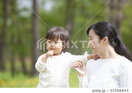 歯磨きをする親子 歯磨きをする親子 55506843