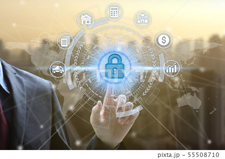 Businessman touch virtual padlock icon over the 55508710