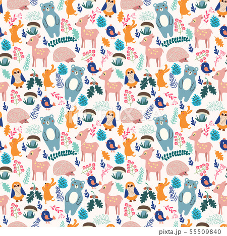 Forest seamless pattern with cute animals   55509840