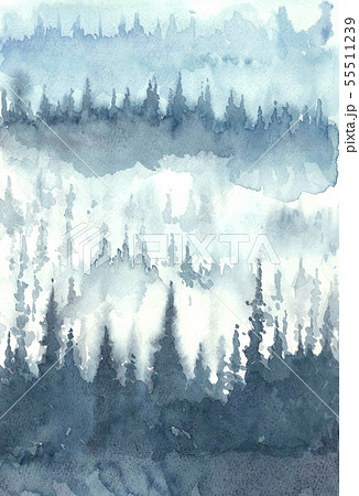 風景画 森 水彩 ブルートーンのイラスト素材 [55511239] - PIXTA