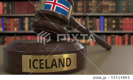 Flag of Iceland on falling judges gavel in court. National justice or jurisdiction related 55514863