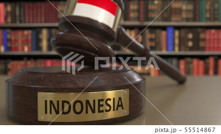 Flag of Indonesia on falling judges gavel in court. National justice or jurisdiction related 55514867