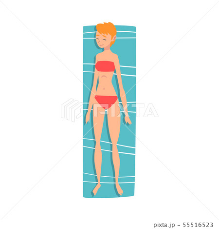Young Woman Sunbathing on Beach Towel, Top View of Lying Girl in Red Bikini Vector Illustration 55516523