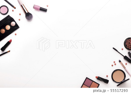 Flat lay of Brushes and other essentials in the corners Flat lay of Brushes and other essentials in the corners 55517293