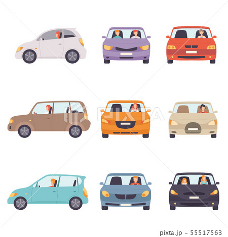 Cars With Drivers Set Side And Front View のイラスト素材
