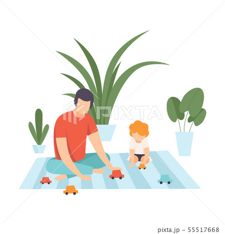 Father with His Son Playing with Toy Car, Family in Everyday Life at Home Vector Illustration 55517668