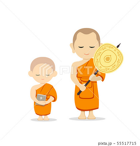 Thai Monks Talipot Fan In Hand And Thai Noviceのイラスト素材