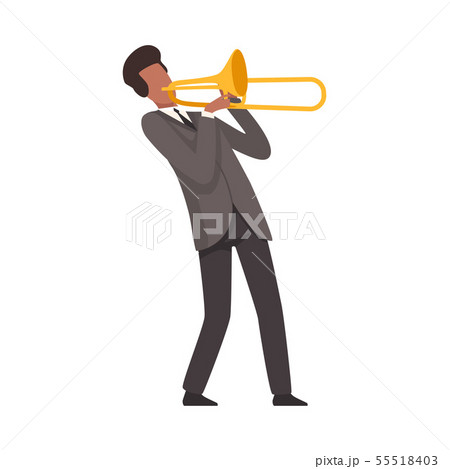 Young Man Playing Trombone Male Jazz Musician Character in Elegant Suit with Musical Instrument 55518403
