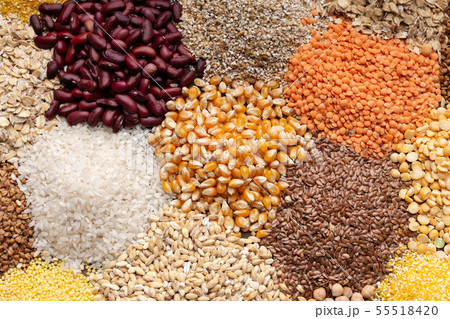 Close up of healthy grains, beans on background 55518420