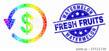 Vector Rainbow Colored Dotted Dollar Refund Icon and Distress Watermelon Fresh Fruits Stamp Seal 55522236