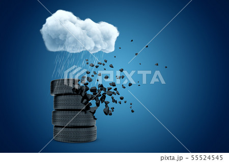 3d rendering of stack of tyres standing under white raining cloud on blue copyspace background. 3d rendering of stack of tyres standing under white raining cloud on blue copyspace background. 55524545