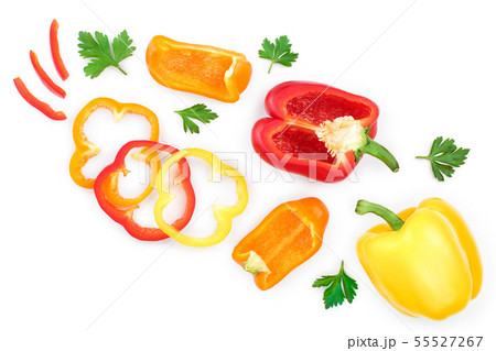 red yellow orange sweet bell pepper isolated on white background. Top view. Flat lay 55527267
