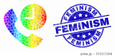 Vector Bright Dot Phone Call Time Icon and Scratched Feminism Stamp Seal 55527268