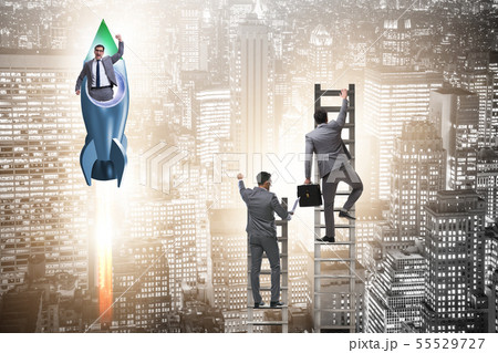 Competition concept with businessman on rocket Competition concept with businessman on rocket 55529727