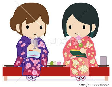 可愛い女子旅 団子とお茶で一休み 着物のイラスト素材