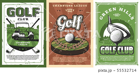 Golf clubs, balls and cart on cource green field 55532714