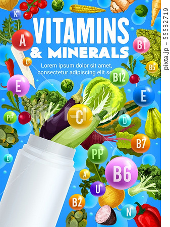 Vegetables, vitamins and minerals plastic bottle Vegetables, vitamins and minerals plastic bottle 55532719