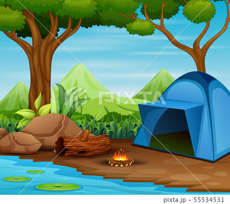 Summer tourist camp in forest near lake Summer tourist camp in forest near lake 55534531