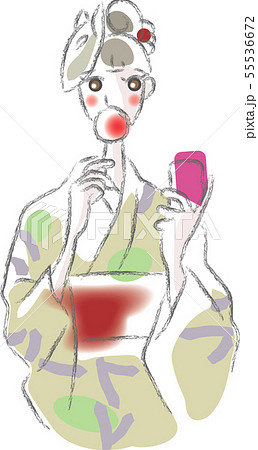 お祭で浴衣を着てりんご飴を食べながらスマホを見る女性のイラスト素材