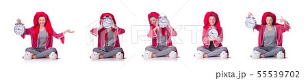 Housewife with clock isolated on white 55539702