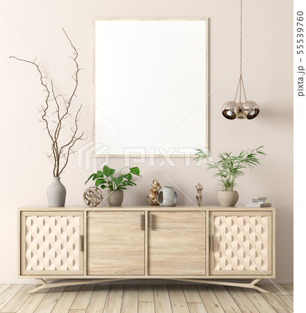 Interior with wooden dresser and poster 3d Interior with wooden dresser and poster 3d 55539760