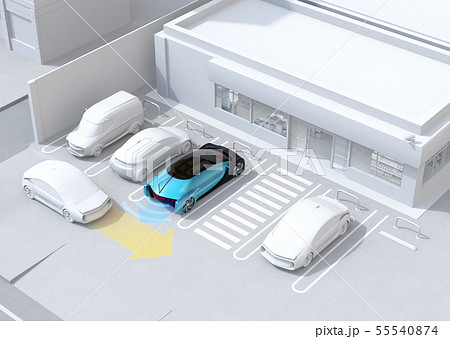 バック出庫のクルマが後ろに進入するクルマを感知し 停車する 先進運転システムコンセプトのイラスト素材